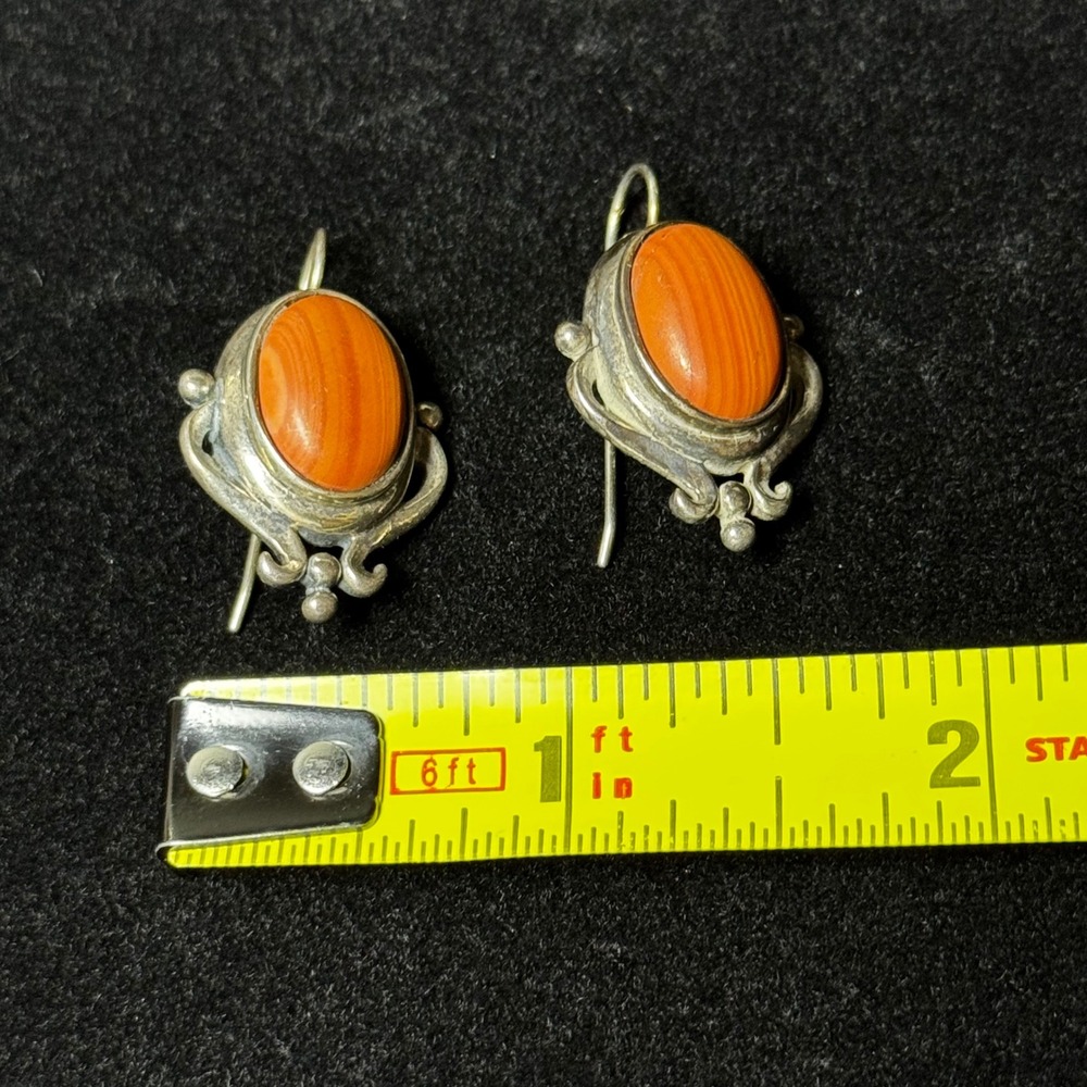 Vintage MC 925 Sterling Silver Orange Banded Agate Drop Artisan Earrings - Picture 6 of 7